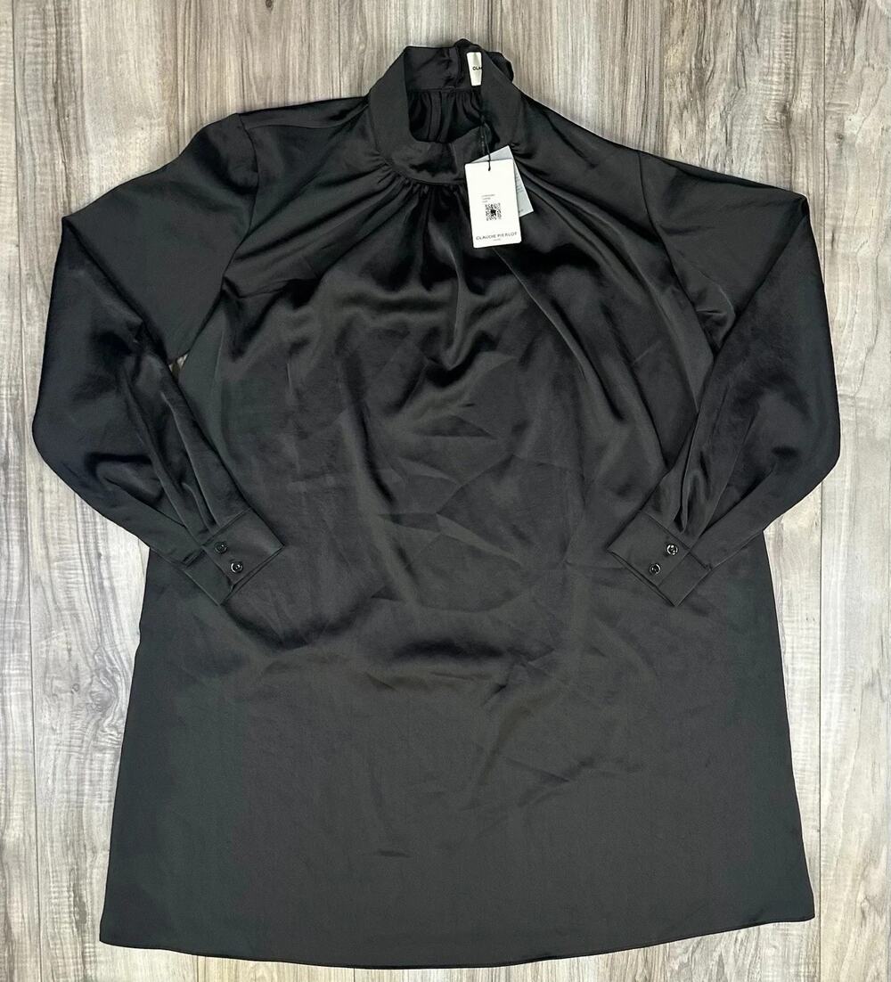Claudie Pierlot Paris Black Satin High Neck Long Sleeve Shift Dress Size 4 US